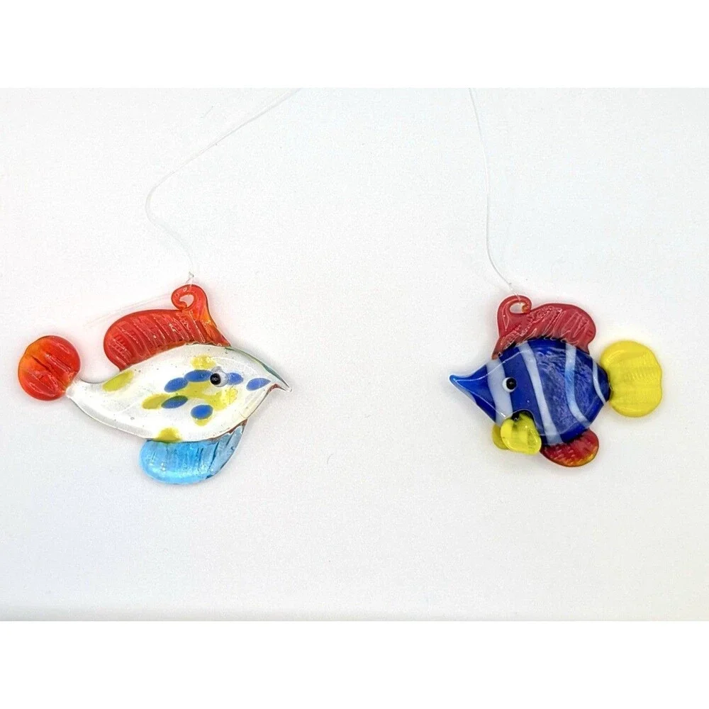 Lot of 2 LS Arts Blown Glass Floating Fish w Bubble Tropical Tank Aquarium Decor
